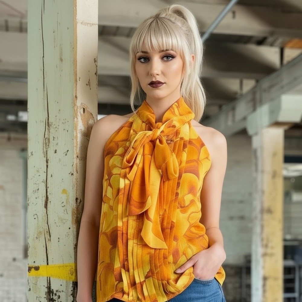 Floral Halter Blouse XS Bow Neck Sleeveless Yellow Top